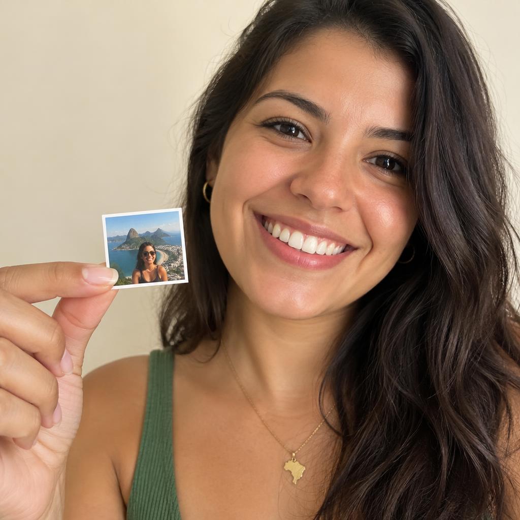 Foto de cliente com foto-ímãs na geladeira